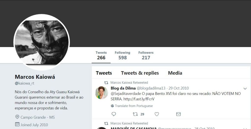 The profile of "Marcos Kaiowa" was created in an attempt to show that people from Brazil's indigenous community supported Rousseff