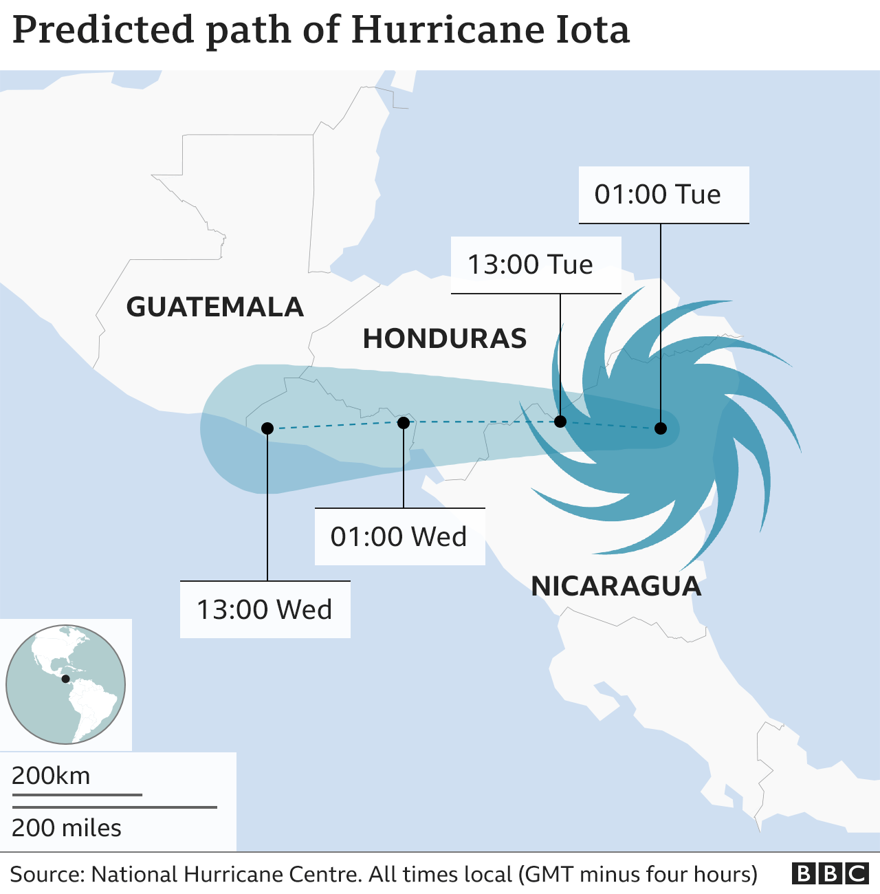Map of Hurricane Iota's path