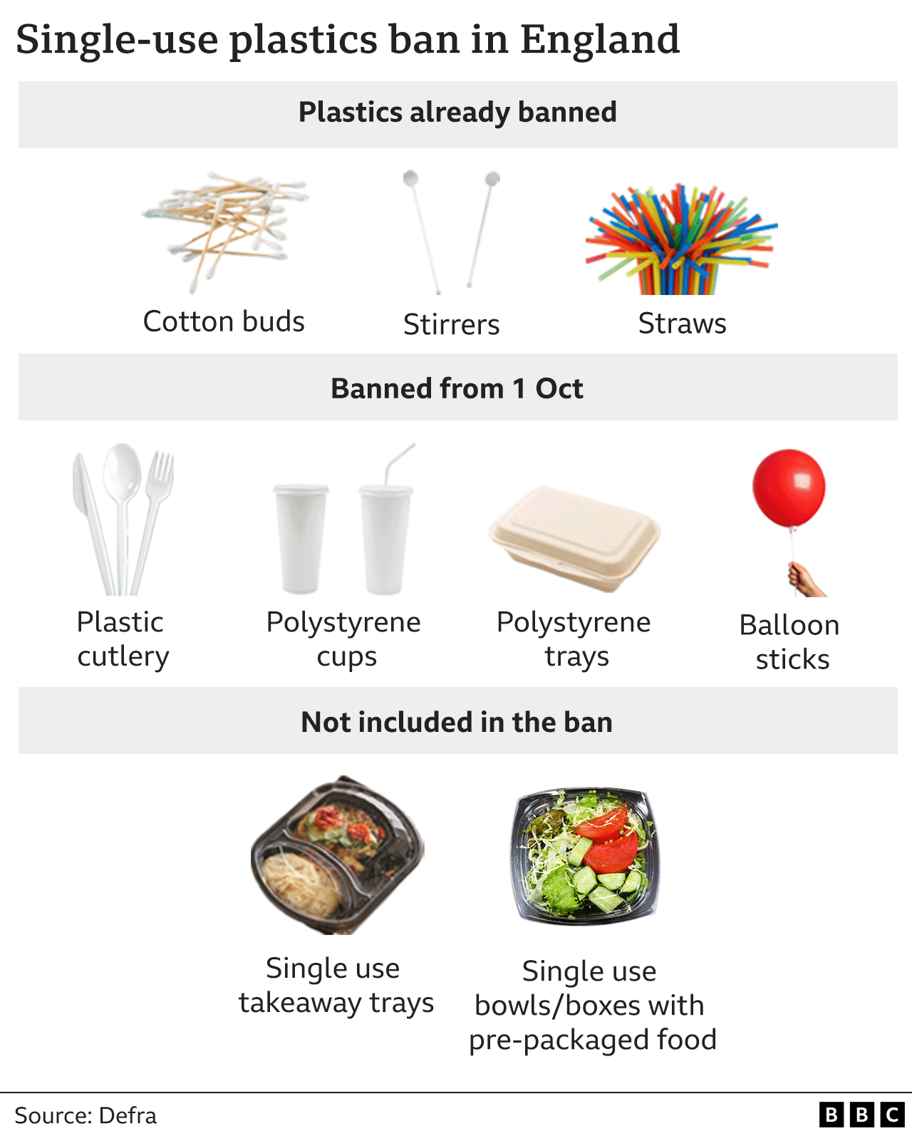 Graphic showing single-use plastics which are banned