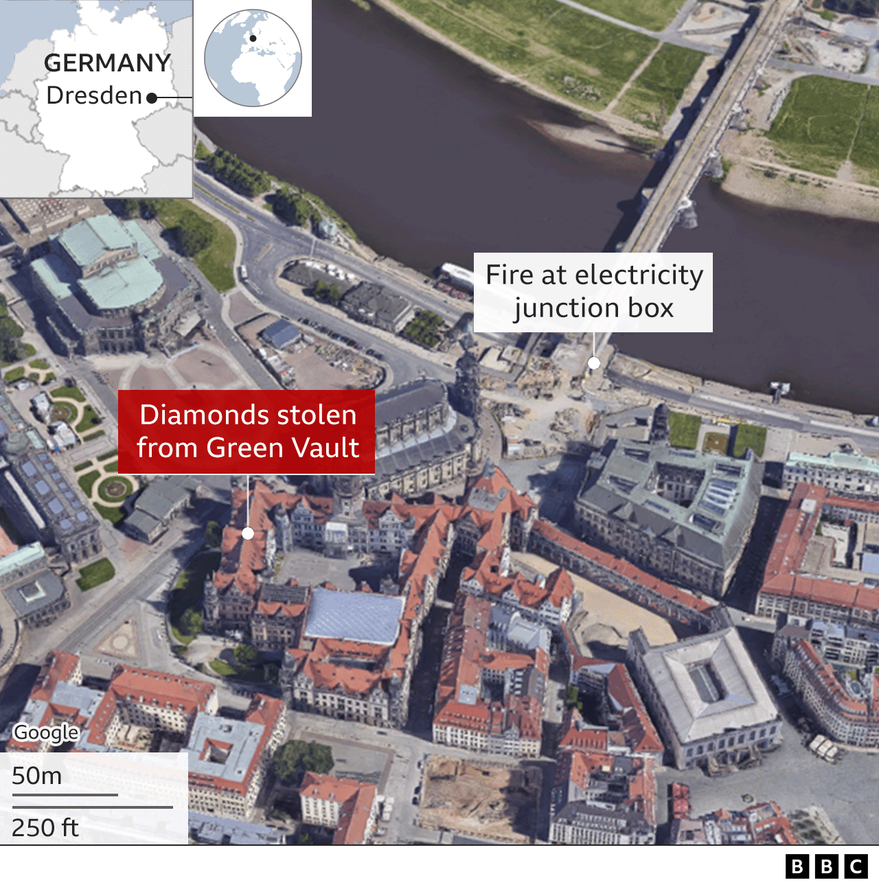 Map shows the location of the Green Vault at the Dresden museum
