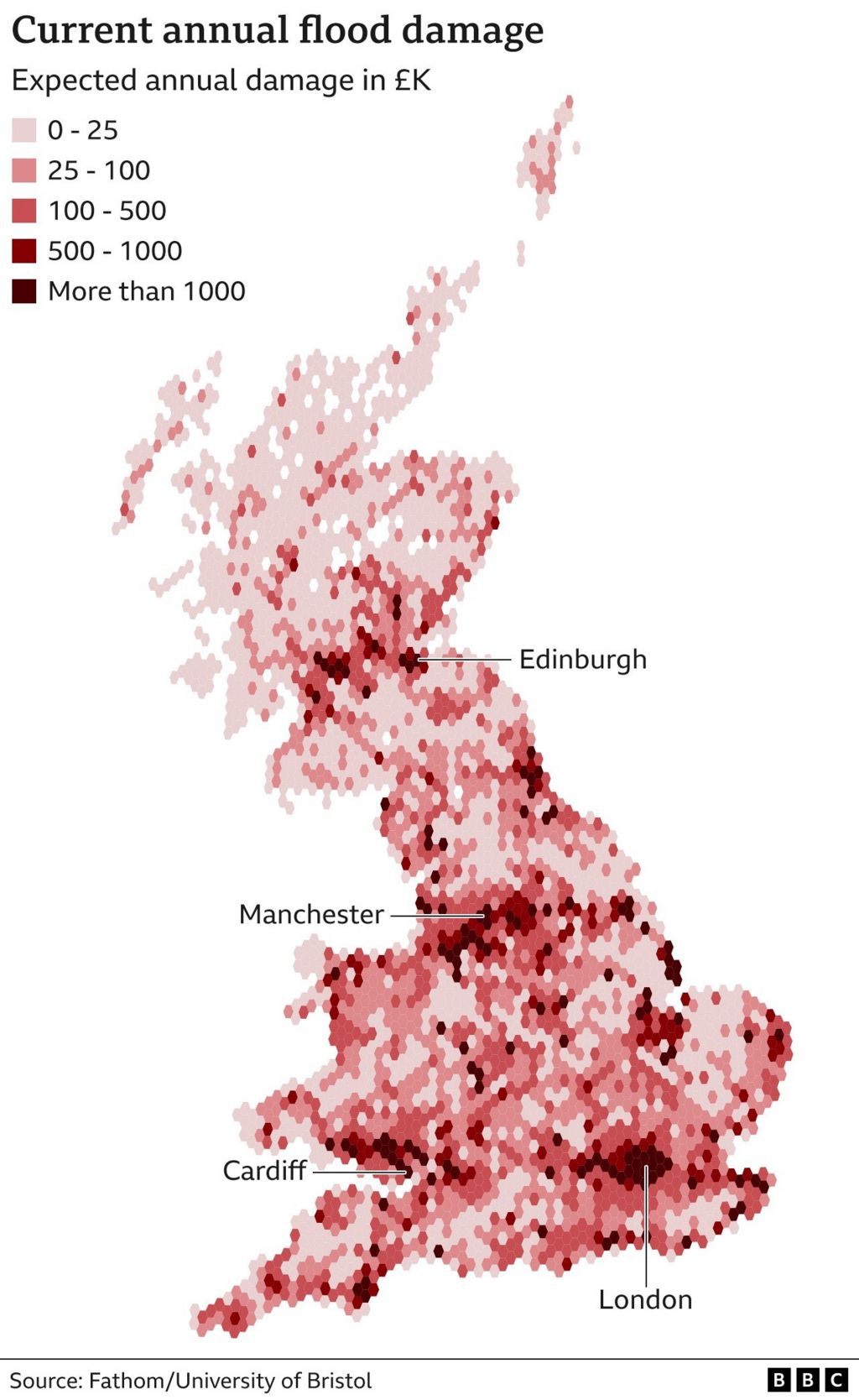 Map of current flood damage in mainland Britain