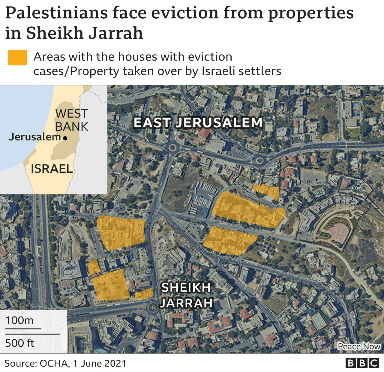 Спутниковая карта Шейх-Джарры в Восточном Иерусалиме указывает на недвижимость, находящуюся под угрозой выселения.