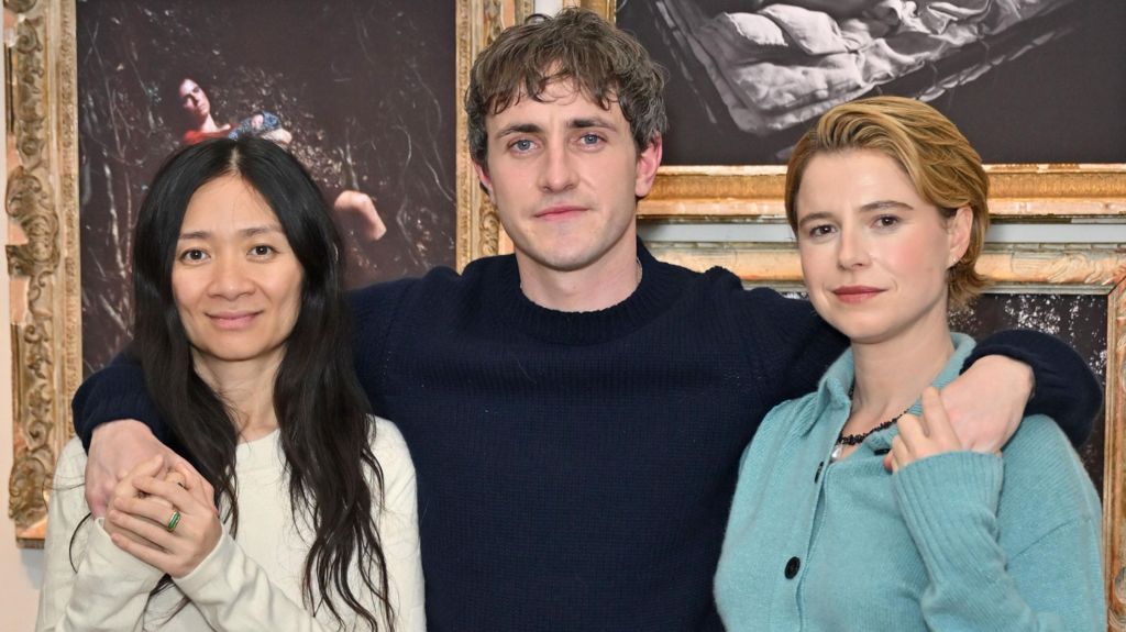 Chloé Zhao, Paul Mescal and Jessie Buckley attend a photocall for new exhibition "Hamnet: Even As A Shadow, Even As A Dream" at Tristan Hoare Gallery on December 16, 2025 in London, England