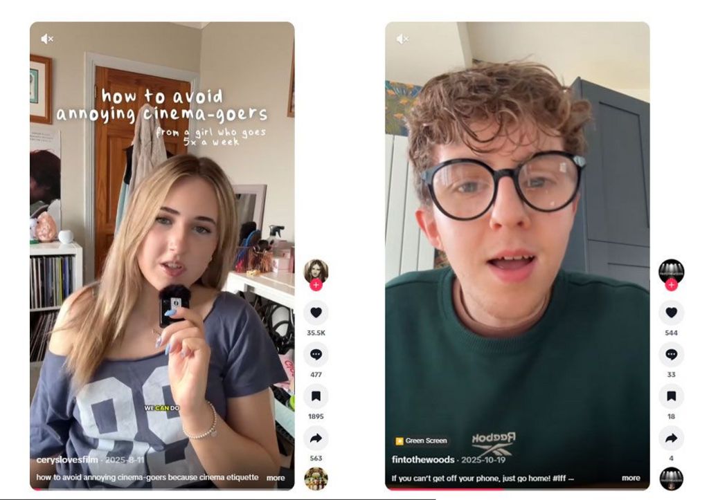 Screenshots of Cerys Hawkes and Finian Hackett's TikTok posts about being annoyed about being disturbed in the cinema