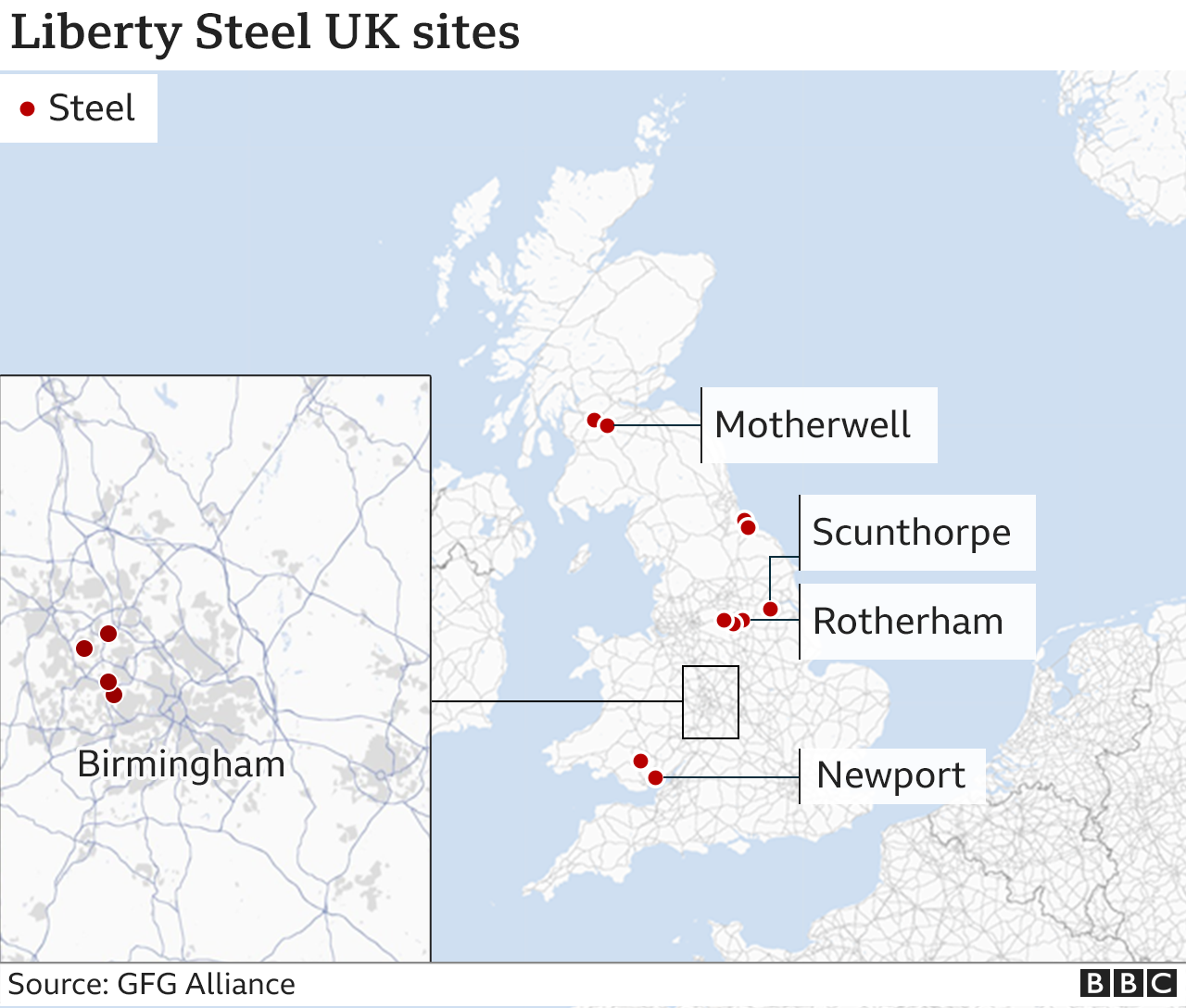 Map of UK showing position of Liberty Steel facilities