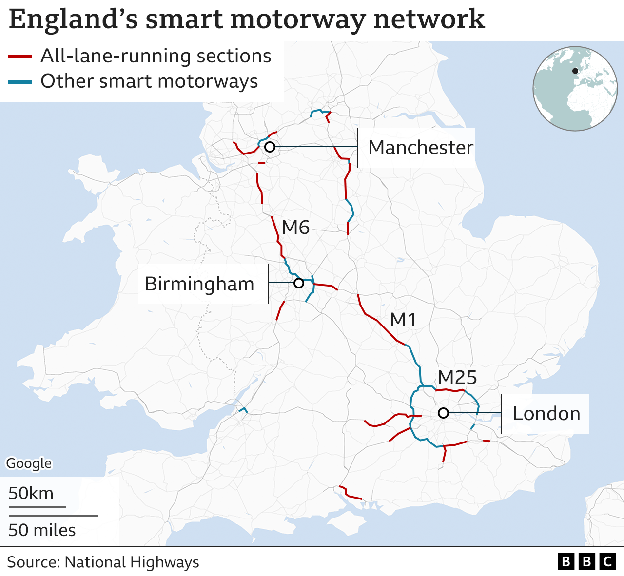 Map showing the location of smart motorway sections within the highway network in England.