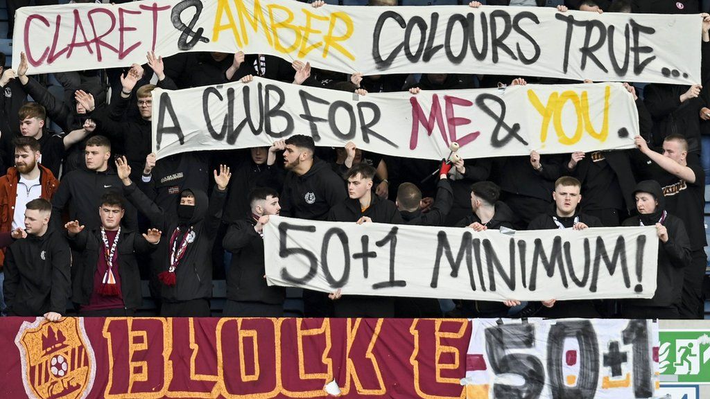 Motherwell fans display banner calling on the Well Society to remain the club's majority shareholder