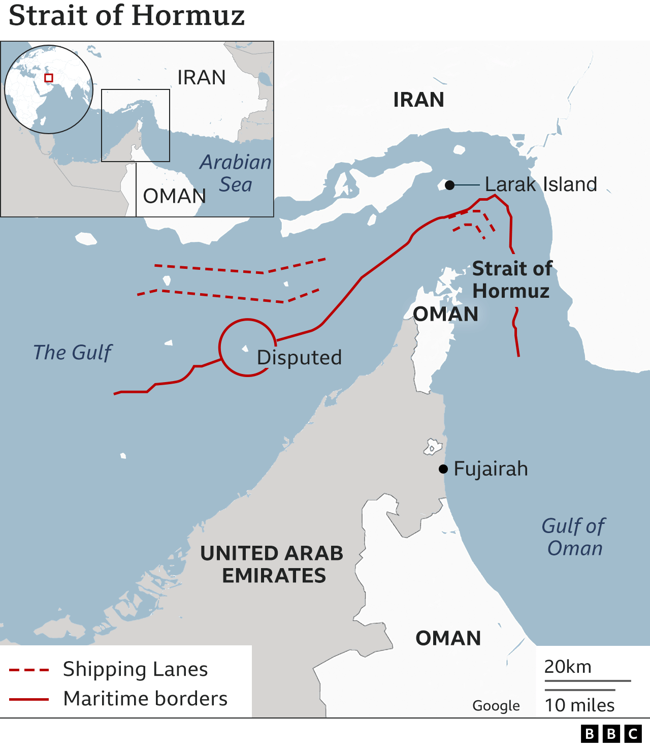 Map showing the maritime borders around the Strait of Hormuz.
