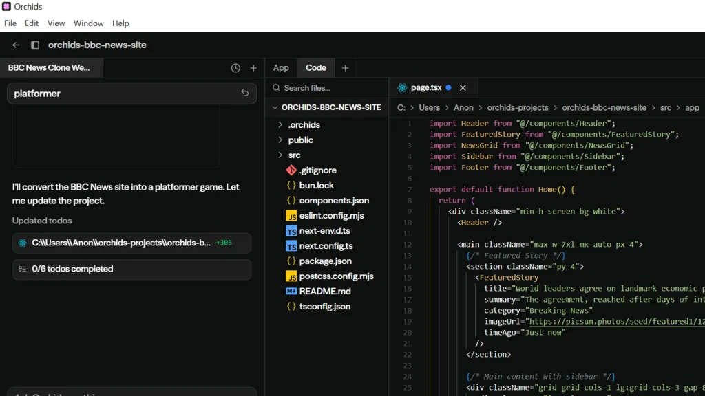 Screenshot of the Orchids app. Shows computer code being created in an action window and folders and chat box
