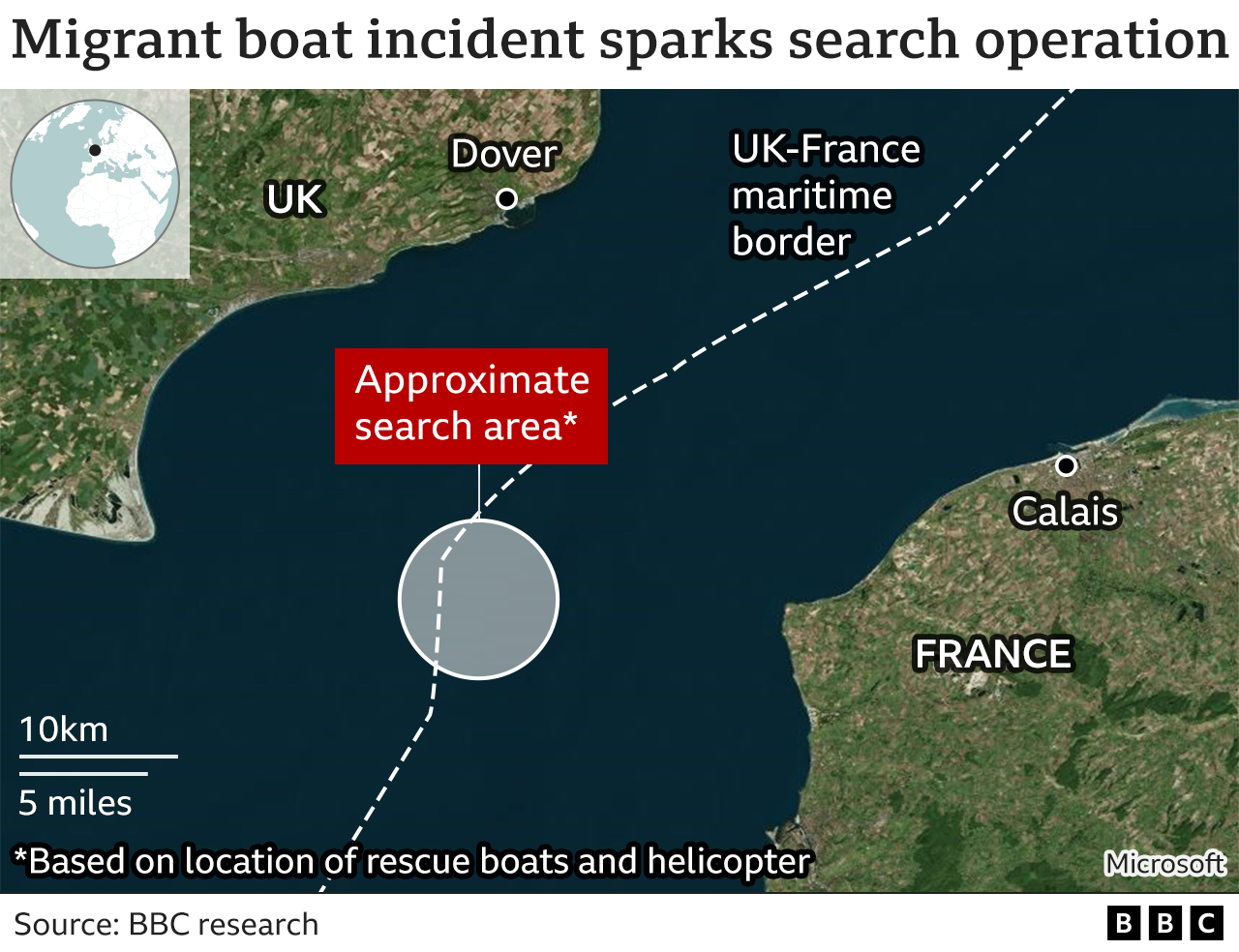 Map showing the search area for the migrant boat that ran into trouble between France and the Kent coast in the early hours of Tuesday morning