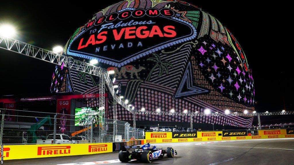 General view of the Las Vegas Grand Prix with the Sphere in the background displaying the 'Welcome to Fabulous Las Vegas' logo