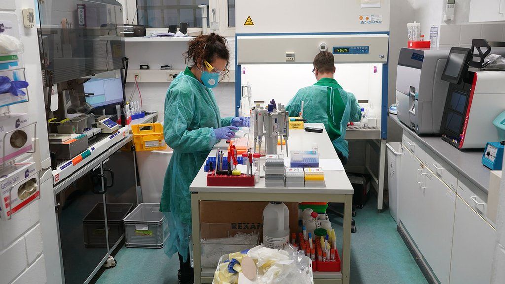 Technicians test patient swabs for coronavirus infection. March 30, 2020, Berlin, Germany