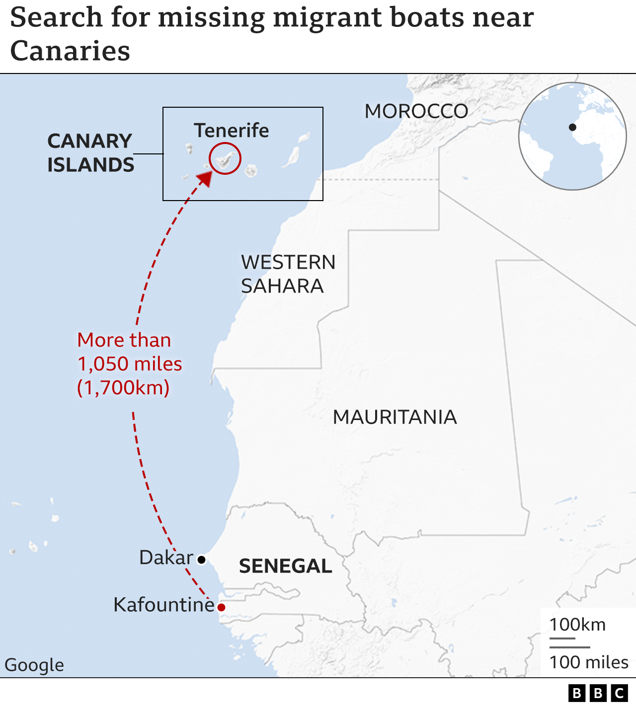 Карта показывает западное побережье Африки и Канарские острова, где идет поиск пропавших лодок с мигрантами