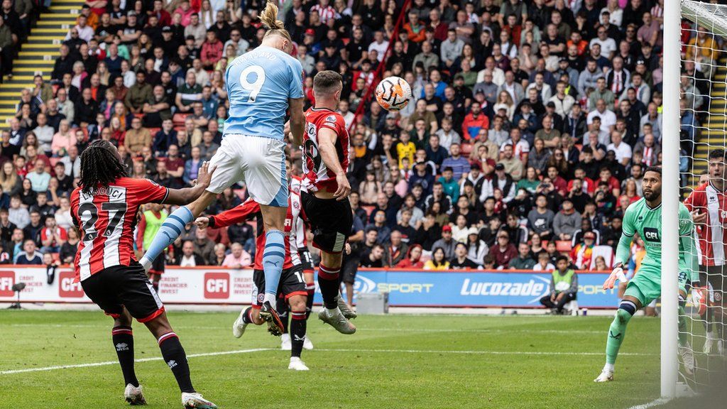 Erling Haaland scoring Manchester City's opening goal against Sheffield United