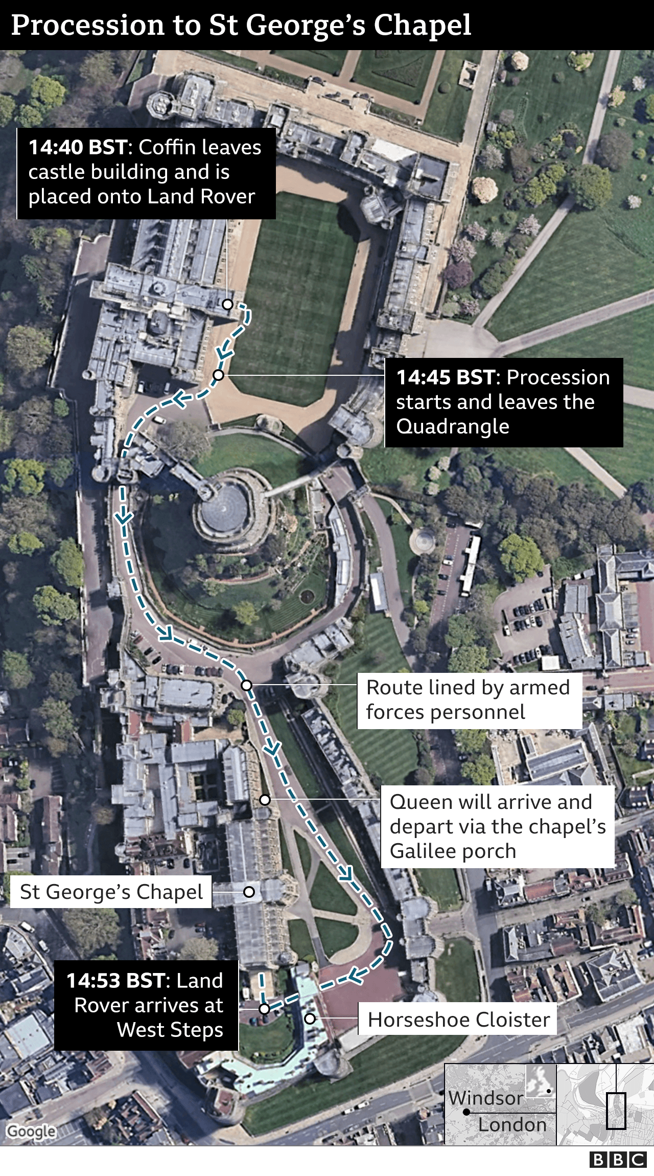 Map showing route of procession to St George's Chapel