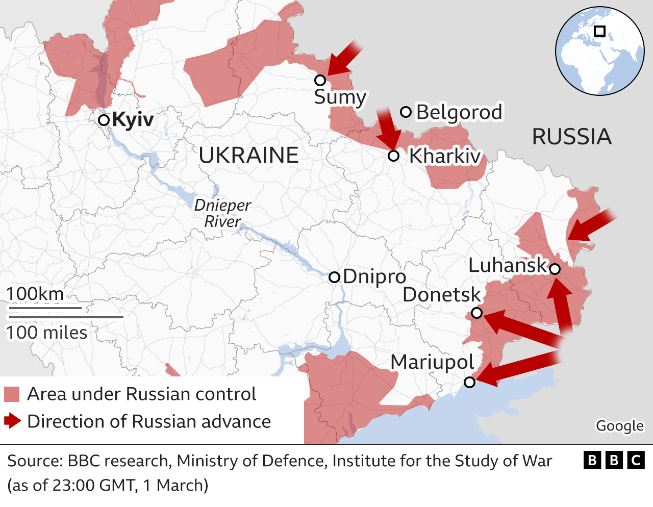 Map showing the Russian military advance into Ukraine from the east