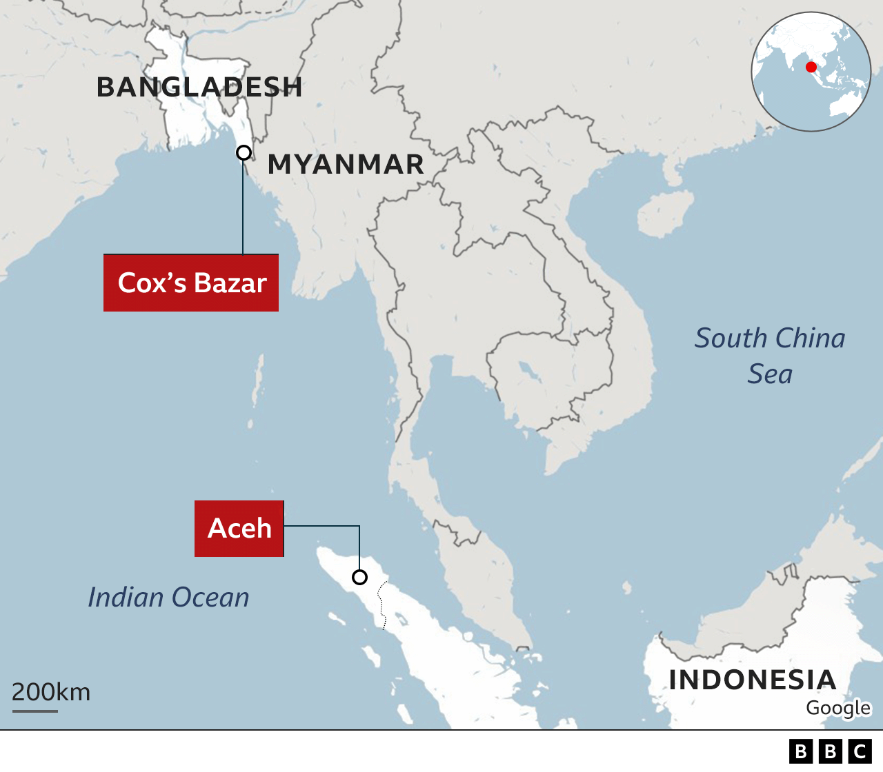 Map of Cox's Bazar in Bangladesh and Aceh in Indonesia