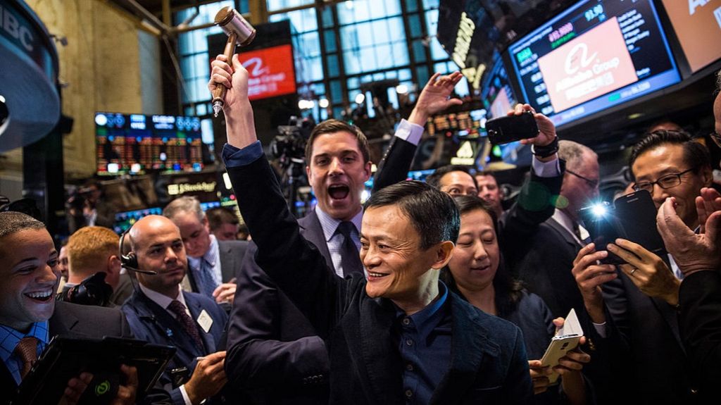 Alibaba stock goes live during the company's initial price offering at the New York Stock Exchange on September 19, 2014.