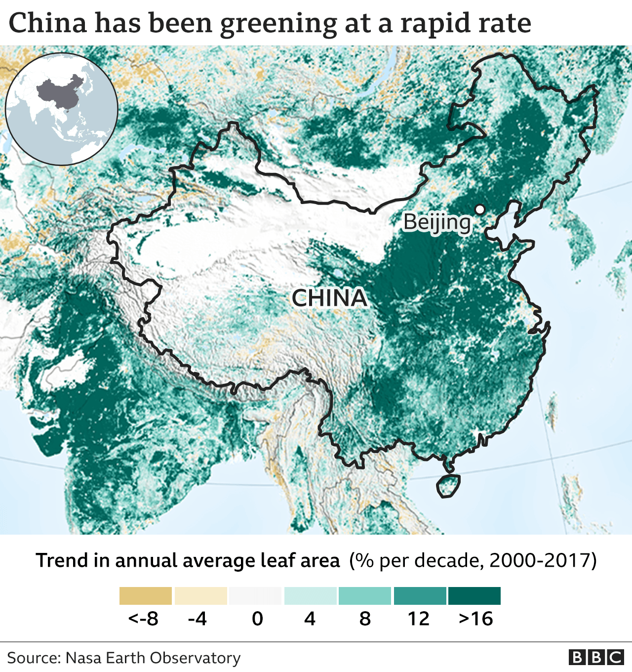 Map showing China's greening at a rapid pace.
