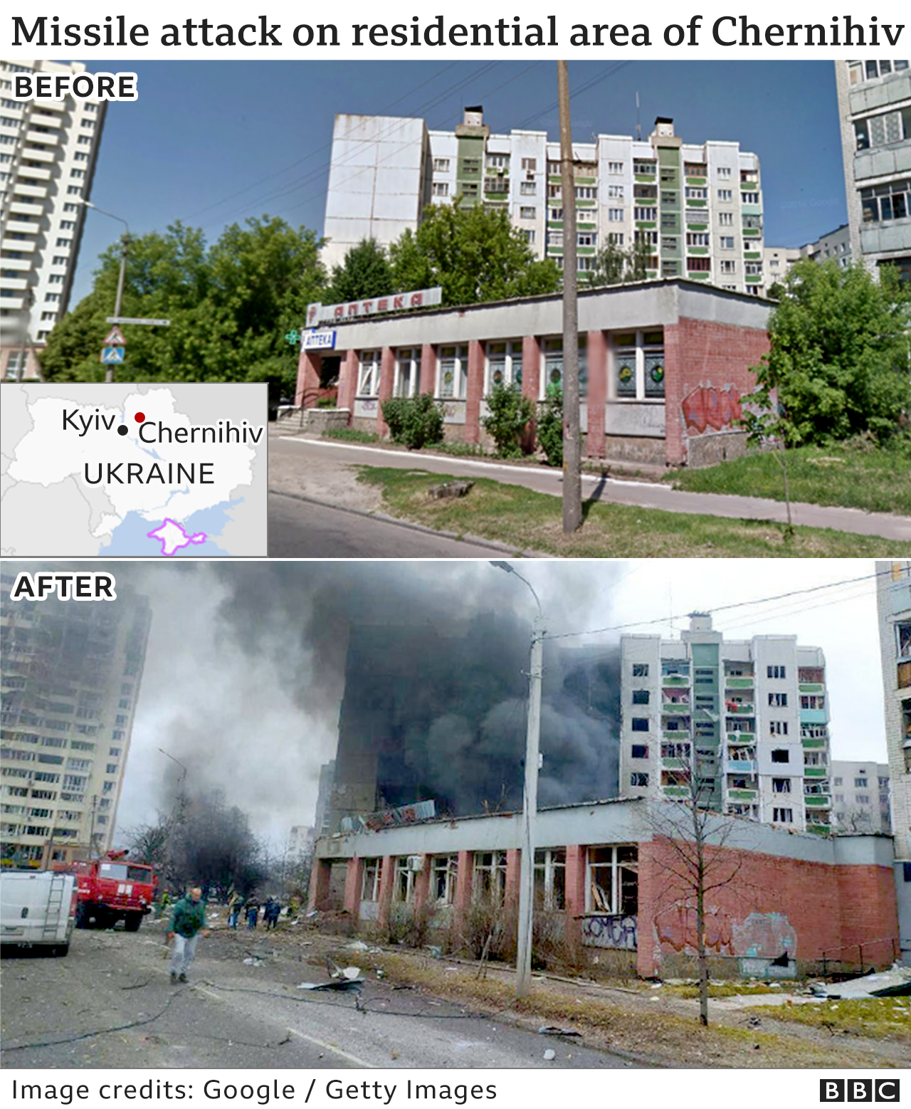 Imazhet që tregojnë para dhe pas një sulmi në Chernihiv në Ukrainë