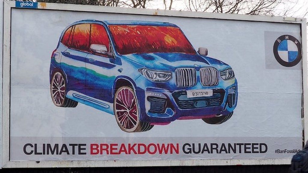 A spoof BMW advert that says 'Climate breakdown guaranteed'