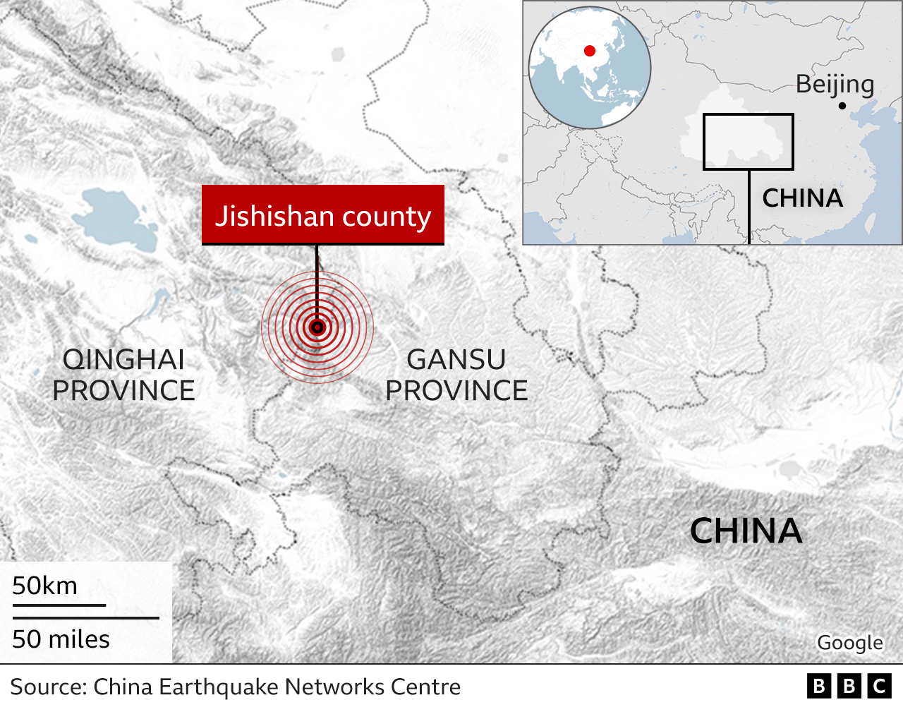 Map showing the epicentre of the earthquake in Jishishan county, Gansu province, north-west China.