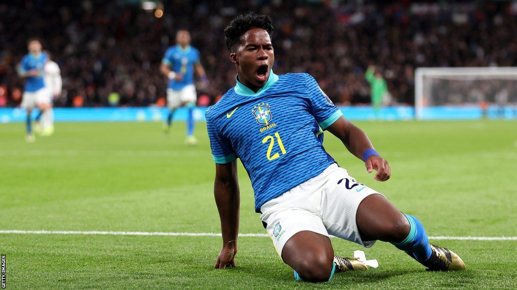 Endrick celebrating his goal against England