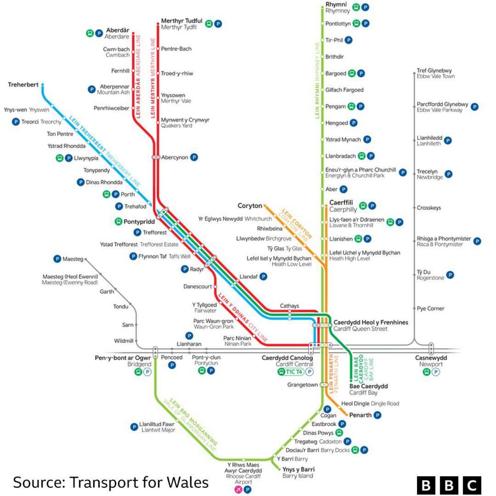 Transport for Wales map of valleys lines