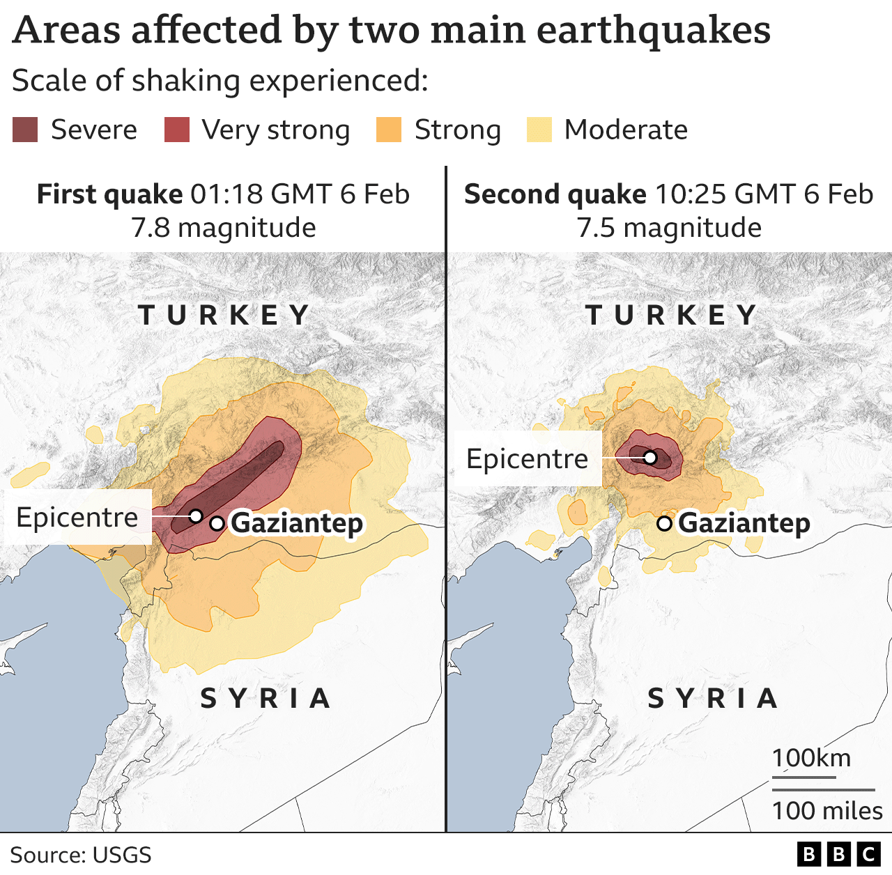 Две карты, показывающие эпицентры первого и второго землетрясений в Турции, а также площадь и масштабы сотрясений, вызванных каждым из них