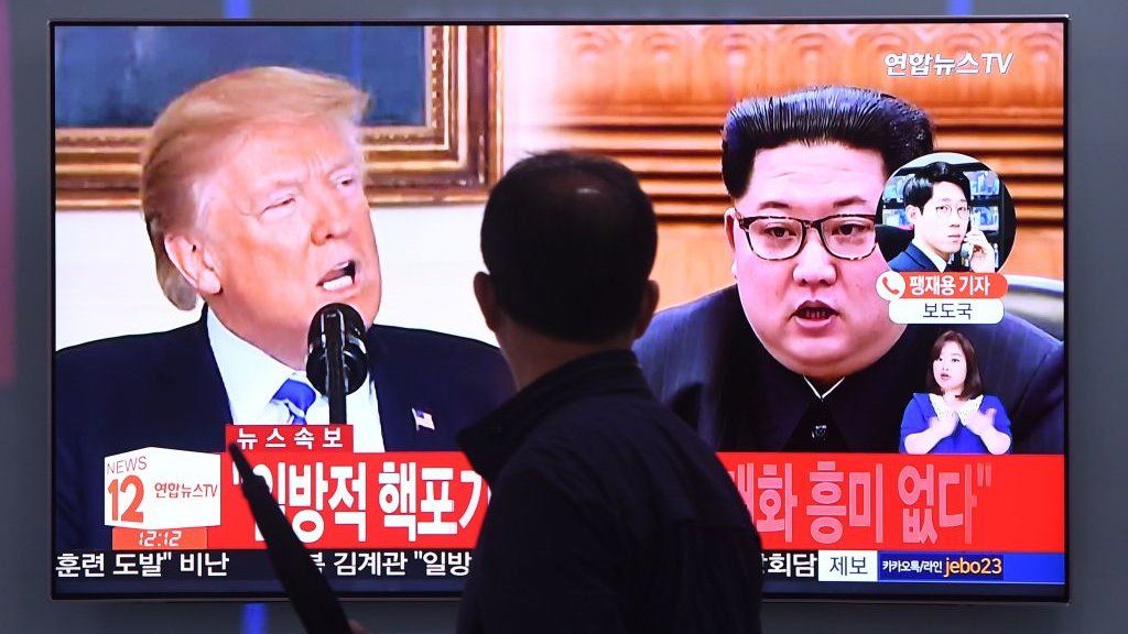 South Korean TV screen shows images of Donald Trump and Kim Jong-un side by side