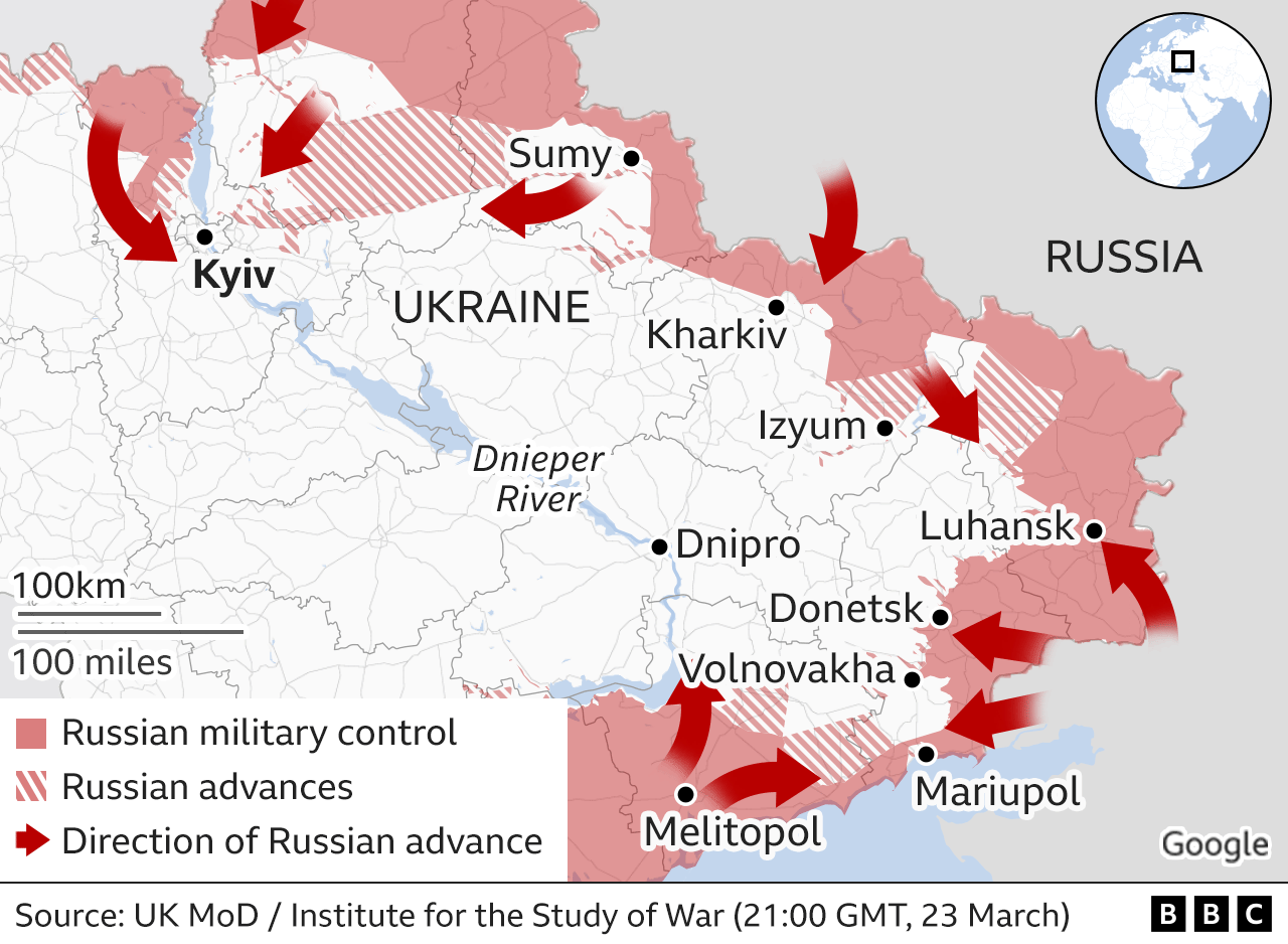 Map showing the Russian military advance into Ukraine from the east