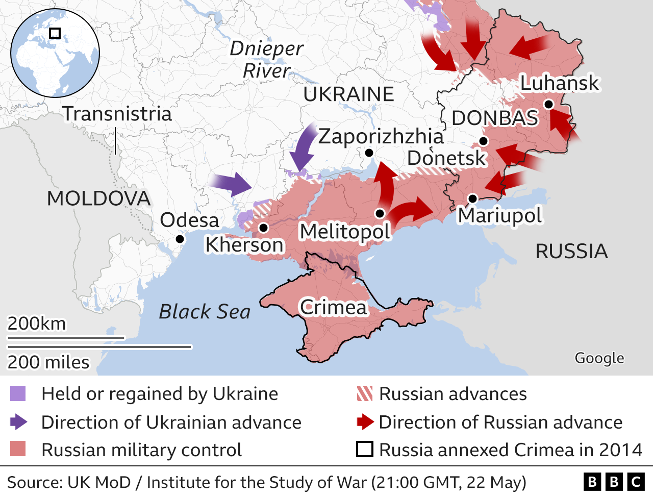 Map showing the Russian military advance into Ukraine in the south