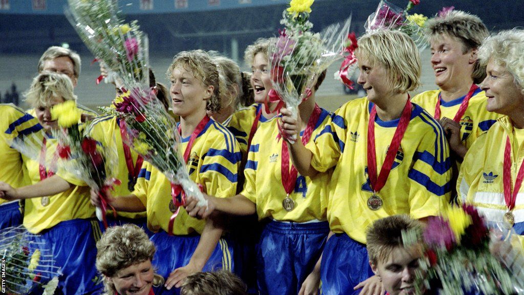 The Swedish team celebrate coming third at the 1991 World Cup