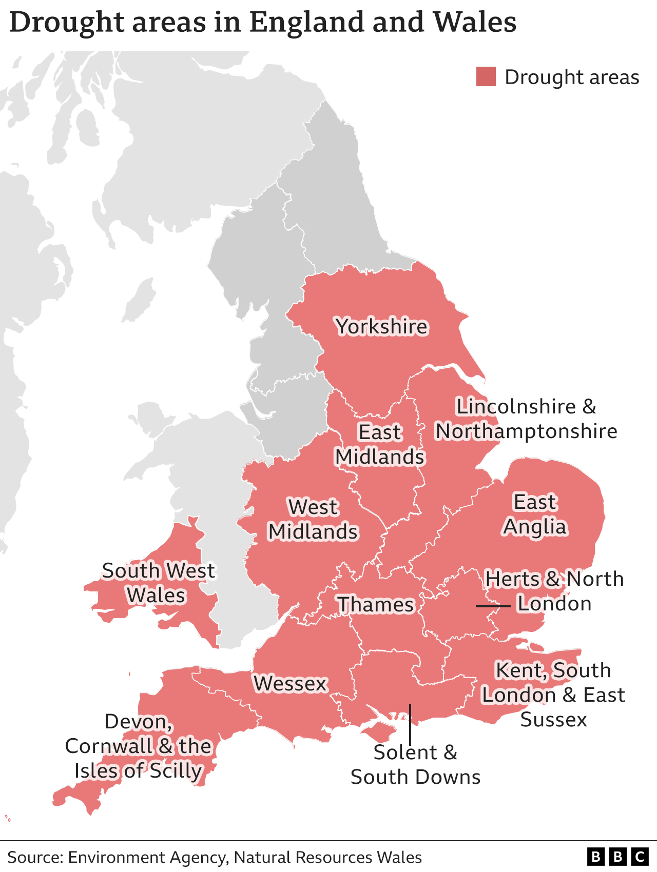 Map showing which areas of England are in drought (30 August 2022)