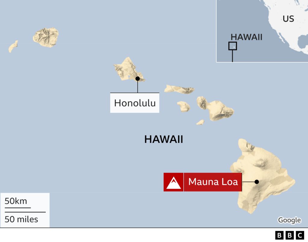 Карта Гавайского архипелага показывает Мауна-Лоа на самом юго-восточном острове Большого острова.