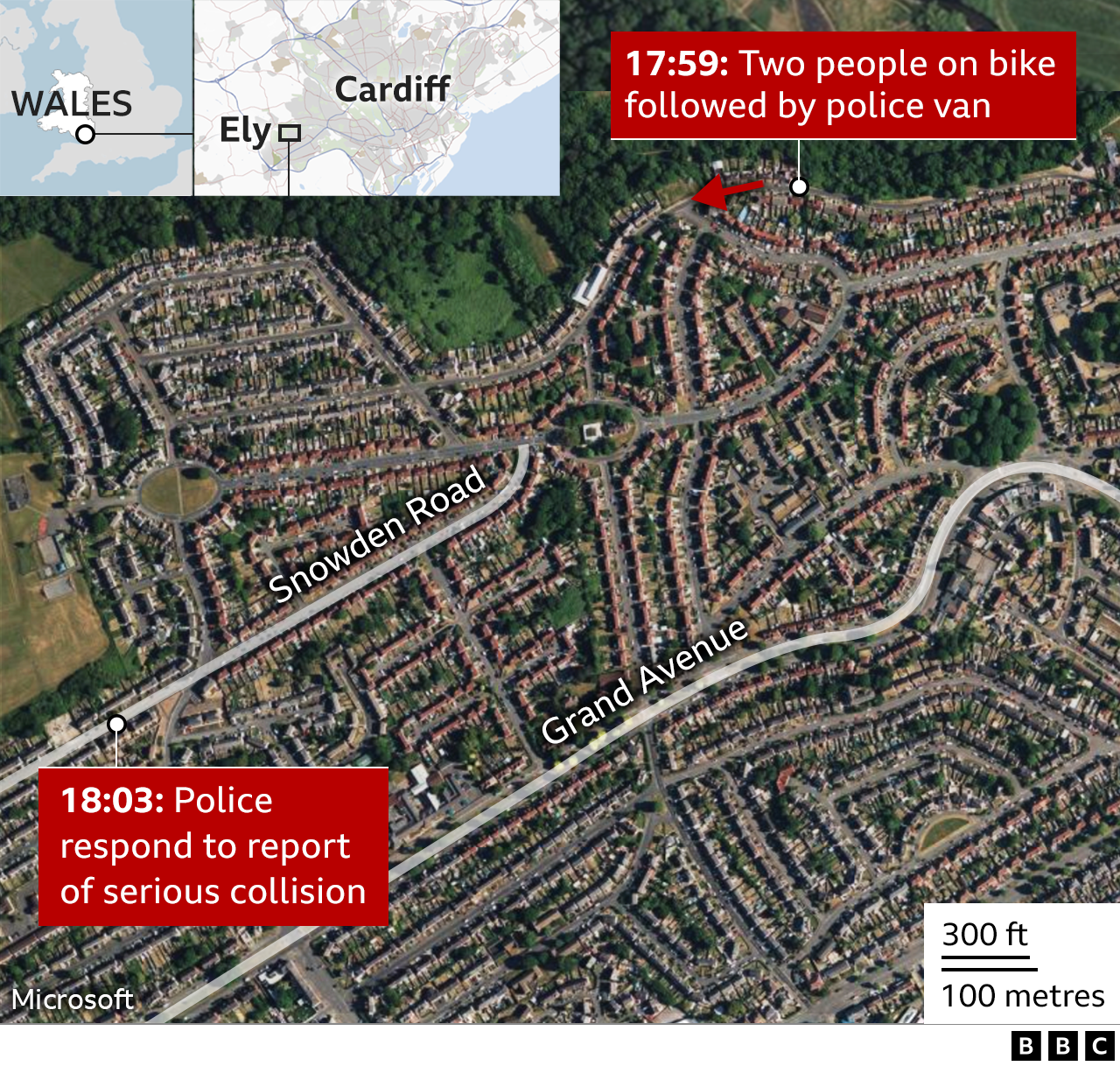 aerial map showing where the boys were seen on CCTV and where the crash occurred