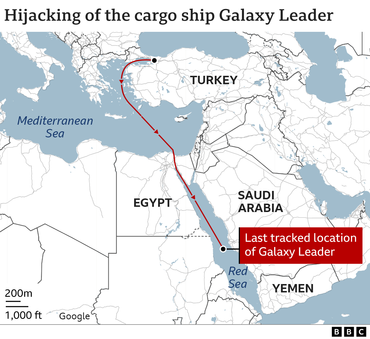 Map showing the route of the cargo ship Galaxy Leader