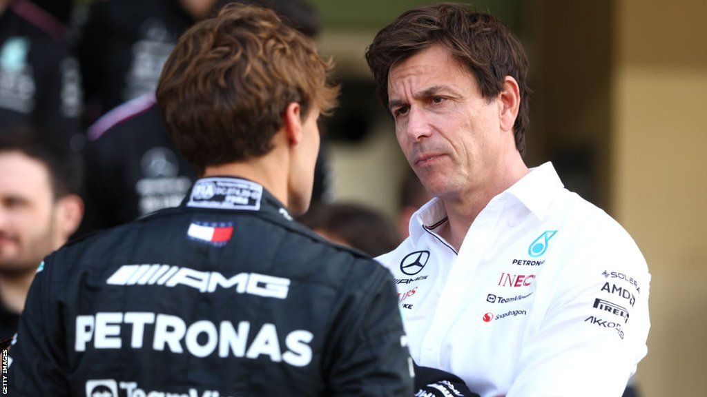 Mercedes team principal Toto Wolff and driver George Russell