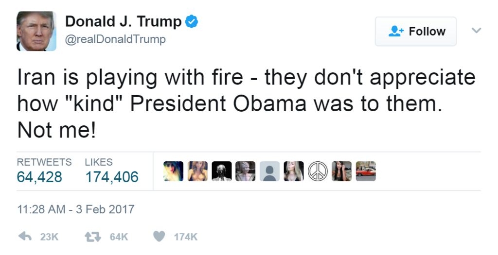 Tweet from @realdonaldtrump: Iran is playing with fire - they don't appreciate how "kind" President Obama was to them. Not me!