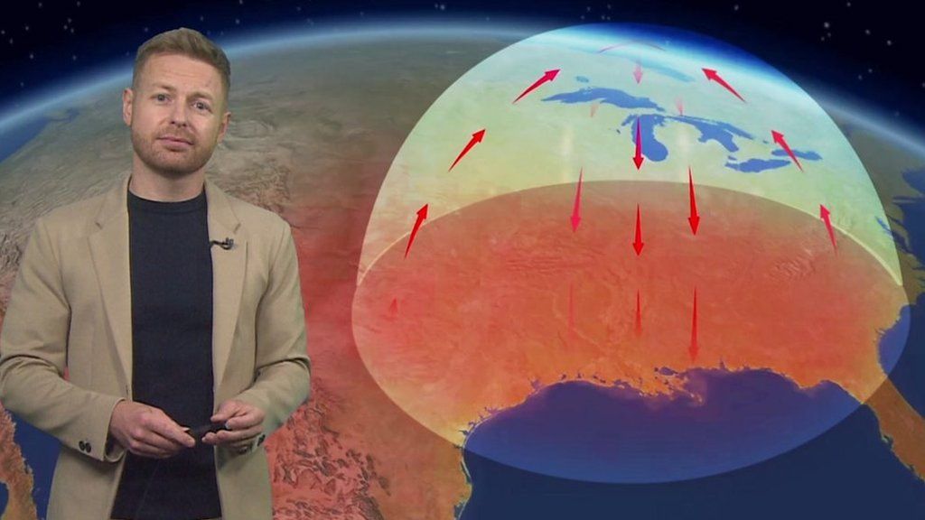 Weather presenter Tomasz Schafernaker and a map of the US featuring a heat dome