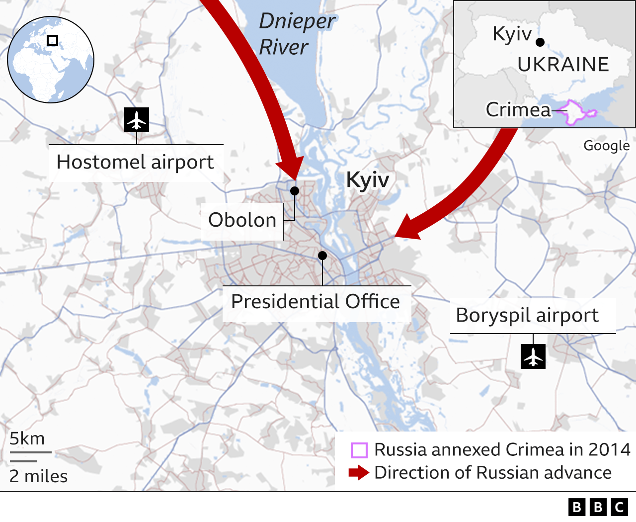 Map showing Kyiv. Updated 25 Feb.