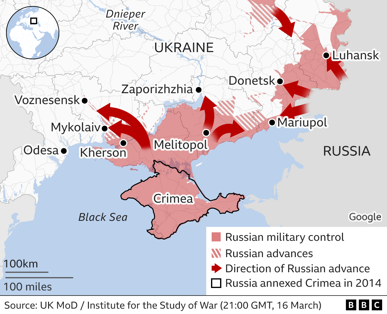 Map showing the Russian military advance into Ukraine from the south