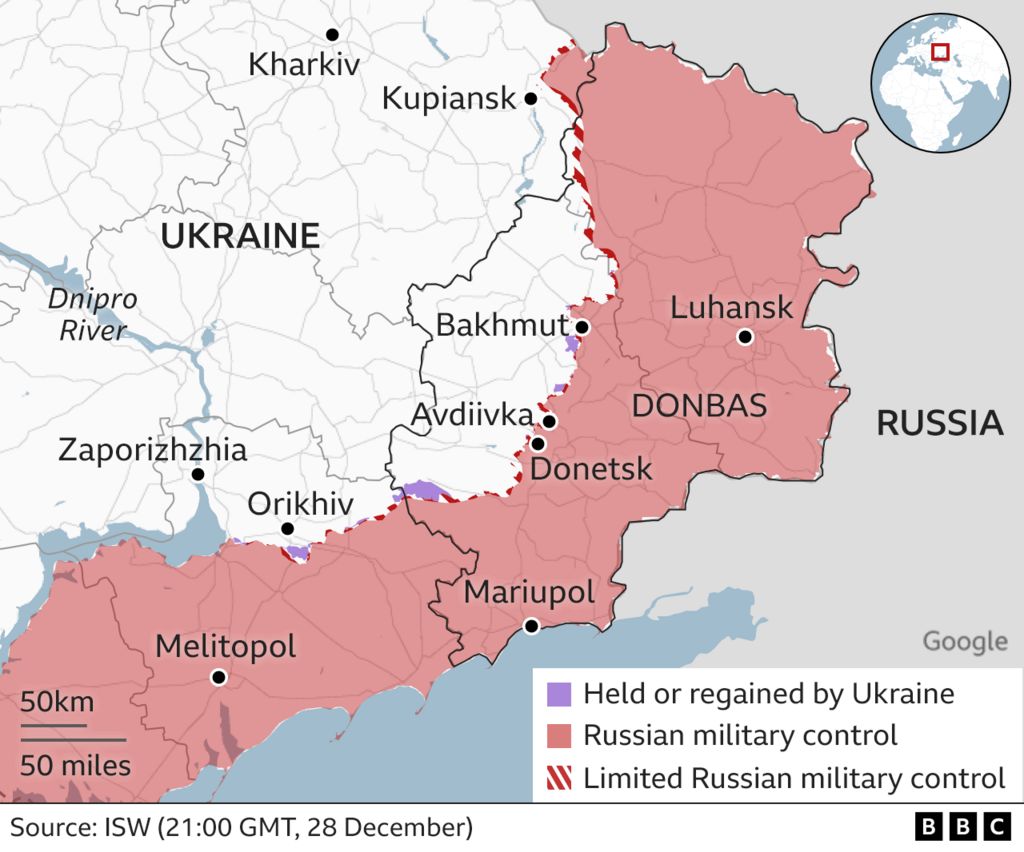 Map showing which areas of east of Ukraine are under Russian military control or limited Russian control.