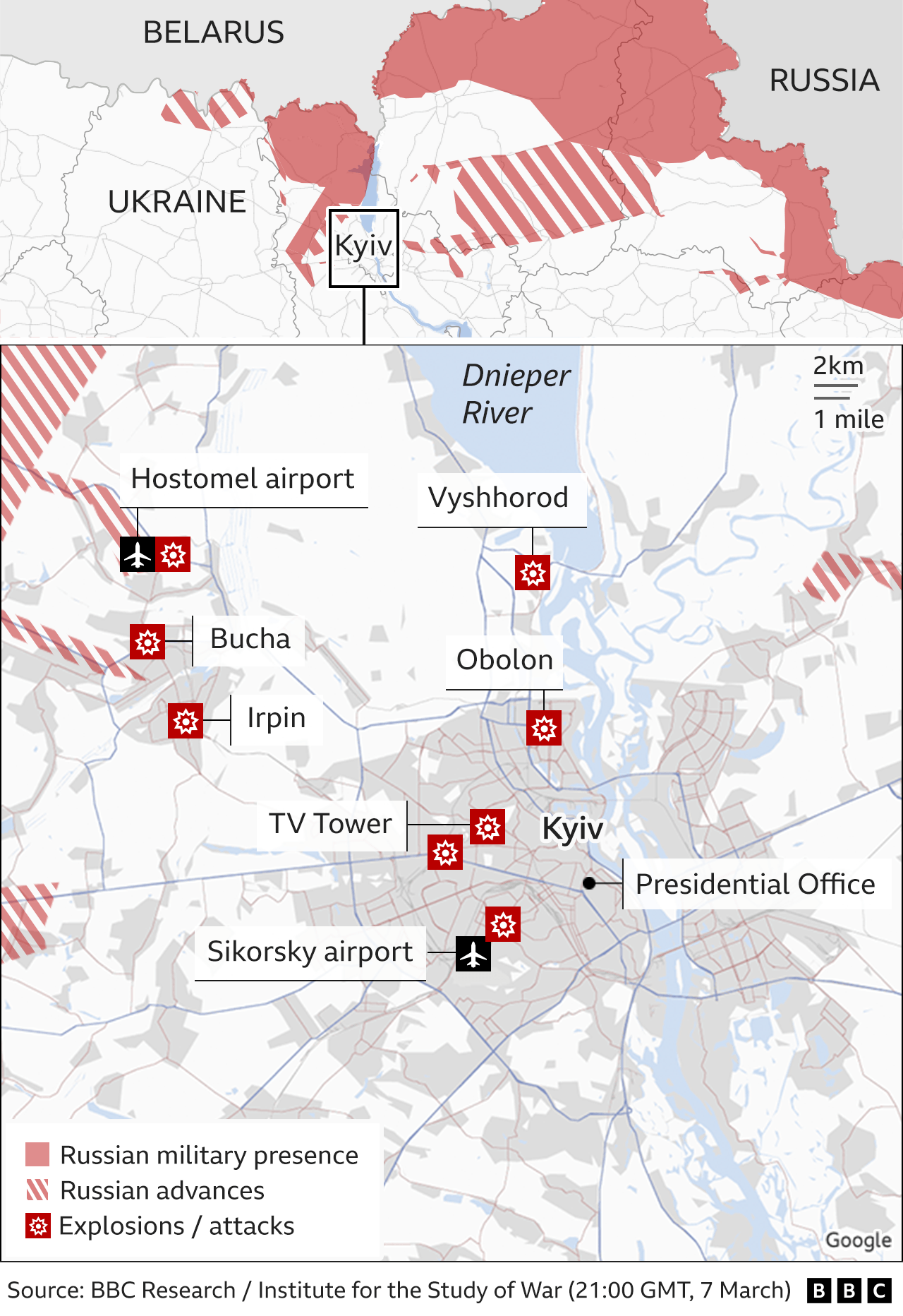 Map showing key locations in Kyiv, with Russian troops just to the north, east and west of the capital