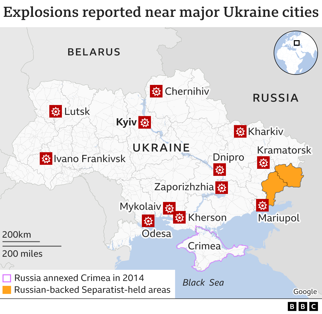 Map showing explosions in Ukraine