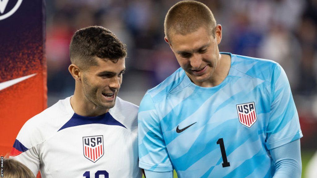 United States of America forward Christian Pulisic talks with goalkeeper Ethan Horvath before the friendly against Oman last September