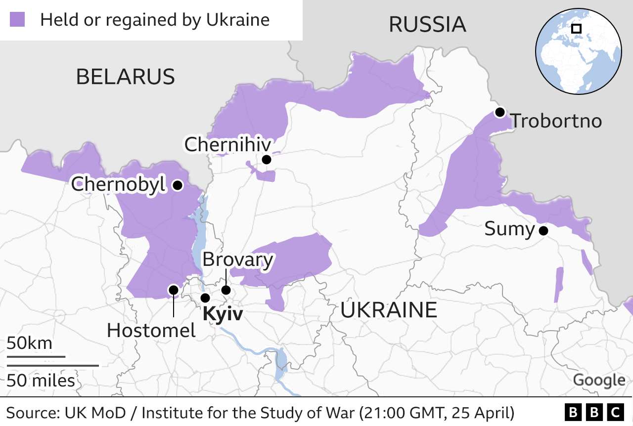 Map showing areas retaken by Ukrainian forces after Russian forces withdrew from the north