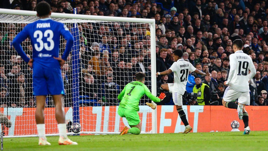 Rodrygo scores his second goal for Real Madrid at Chelsea in the Champions League