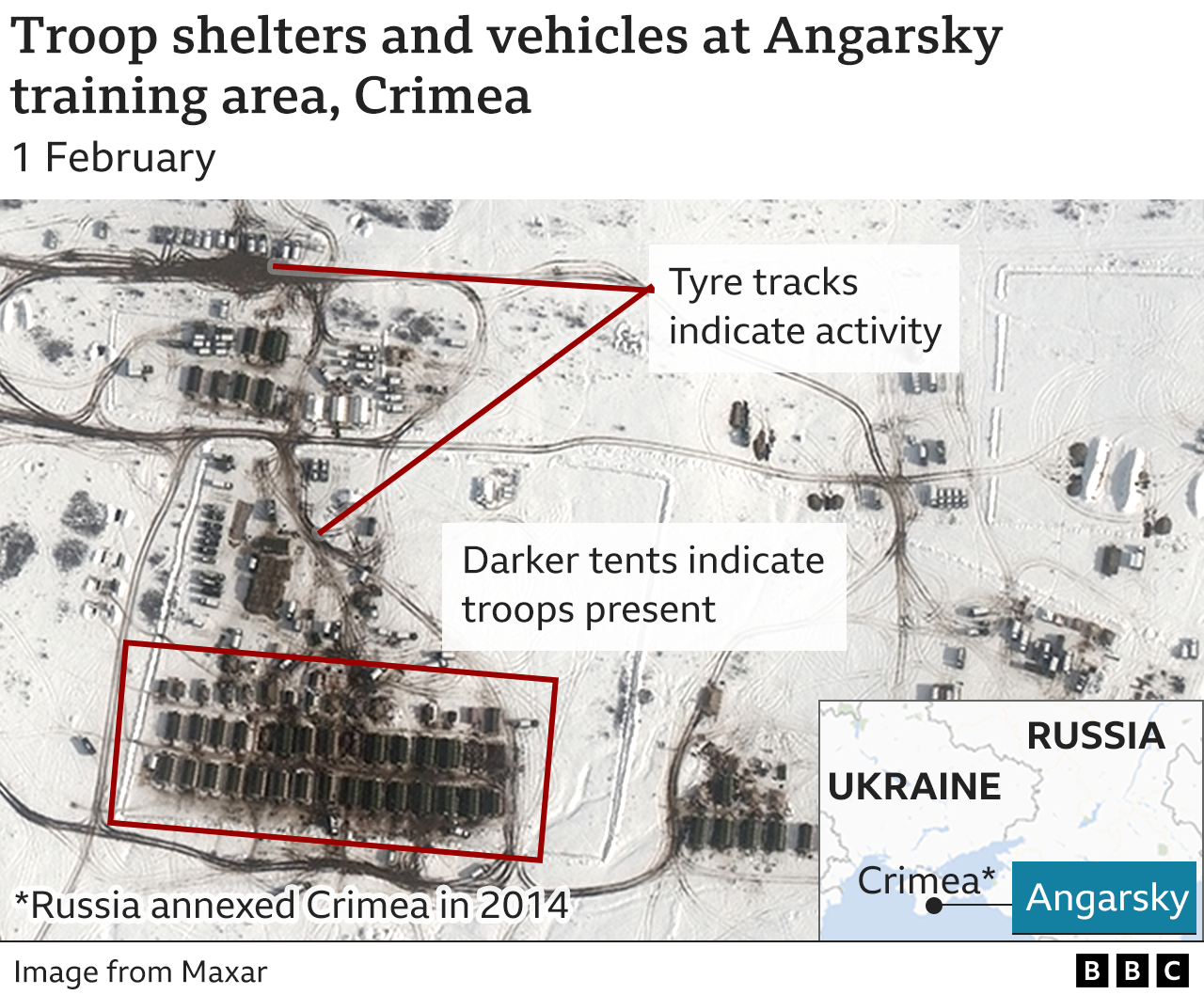 Satellite image showing troop shelters and vehicles in Crimea..