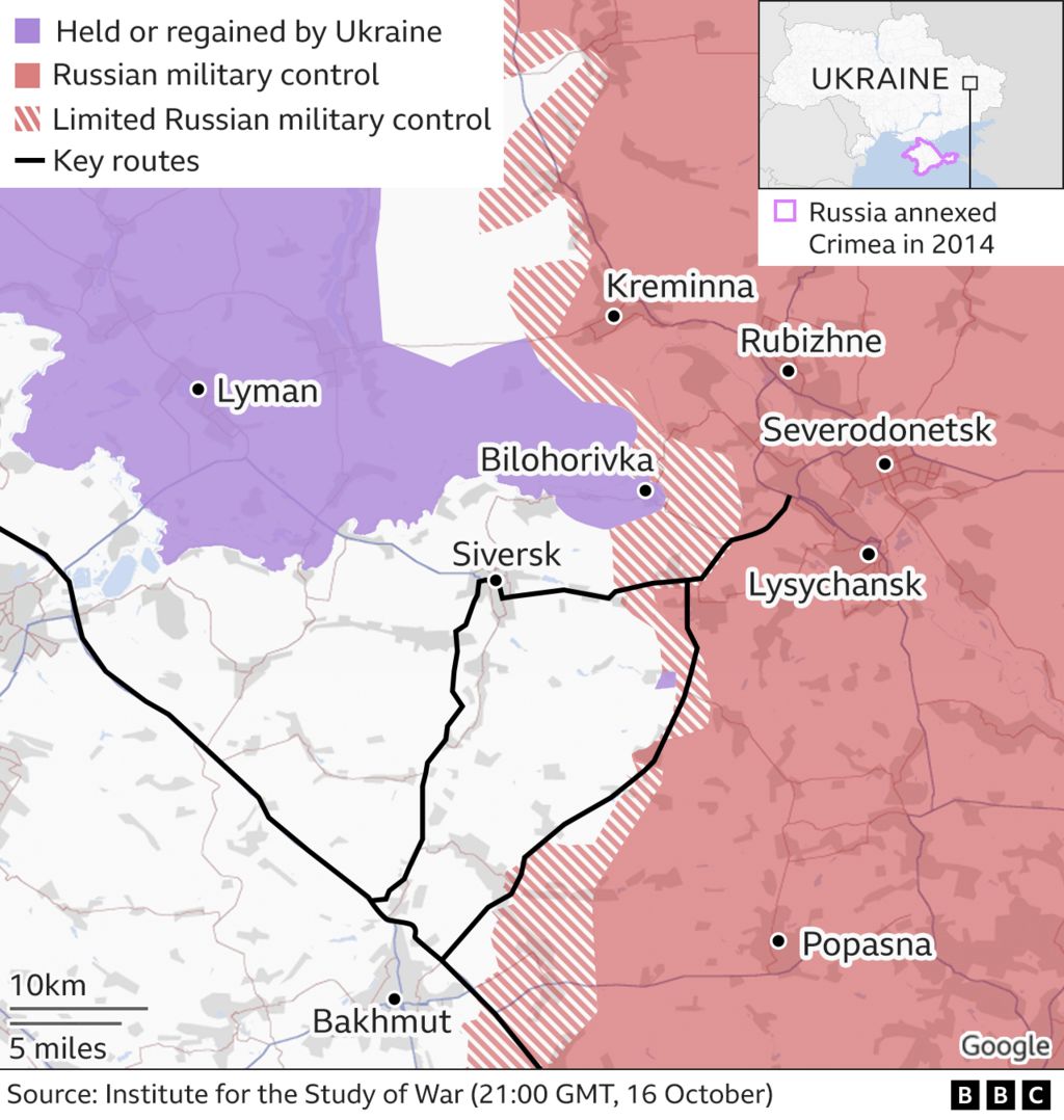 Графика BBC, показывающая местонахождение Бахмута